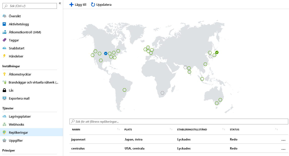 Skärmbild av världskartan för Azure-containerregistret som visar replikerade och tillgängliga platser.