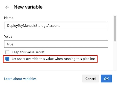 Skärmbild av Azure DevOps som visar pipelinevariabelredigeraren.