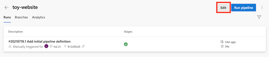 Skärmbild av Azure DevOps som visar pipelinen med Redigera markerat.