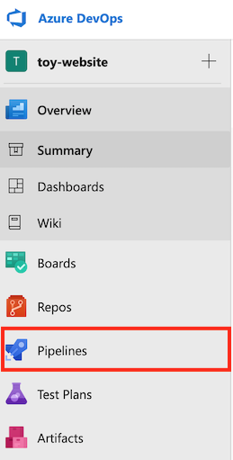 Skärmbild av Azure DevOps som visar menyn med Pipelines markerat.