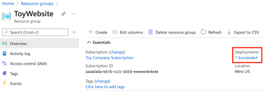 Skärmbild av Azure Portal som visar resursgruppen med en lyckad distribution.