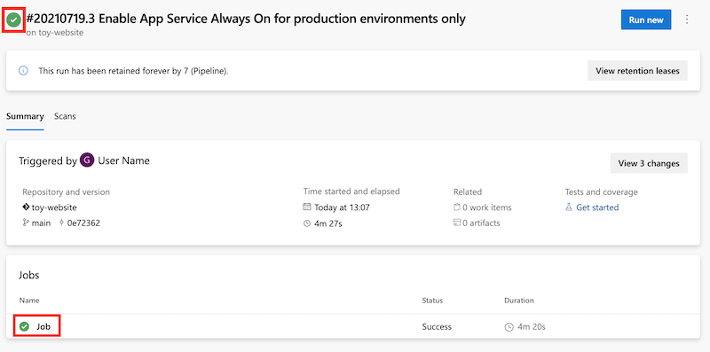 Skärmbild av Azure DevOps som visar lyckad pipelinekörning.