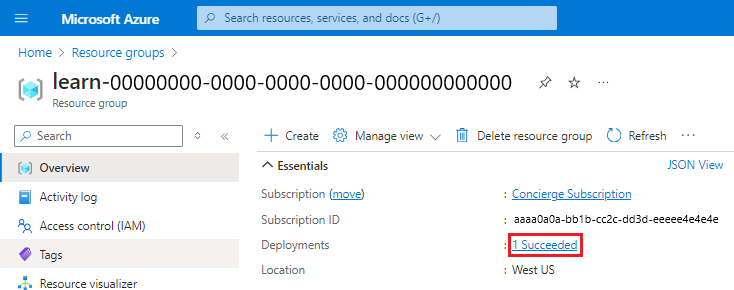 Skärmbild av Azure Portal-gränssnittet för resursgruppens översikt, där distributionsavsnittet visar att en lyckades.