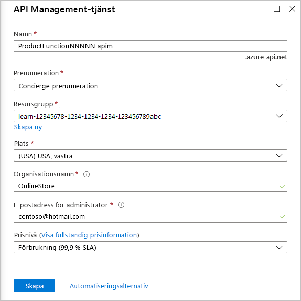 Skärmbild som visar inställningar för en API Management-tjänst.