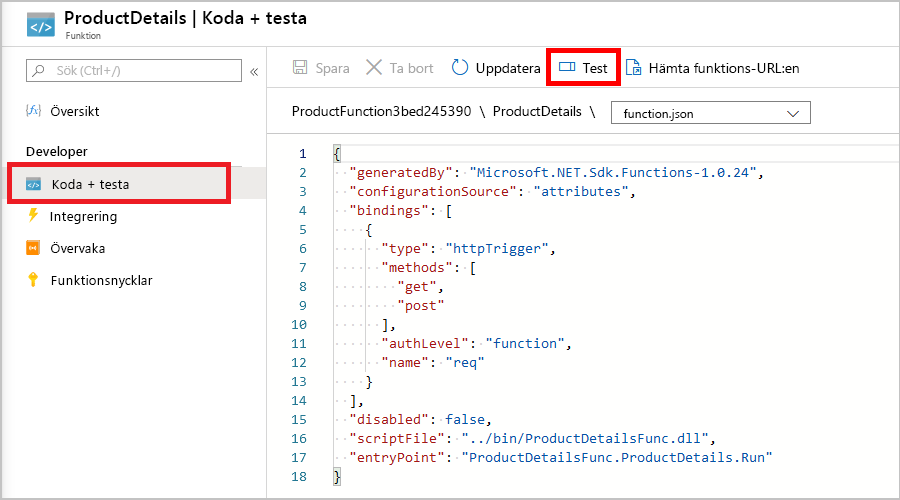 Skärmbild av fönstret ProductDetails Code och Test med Test/Kör valt i kommandofältet.