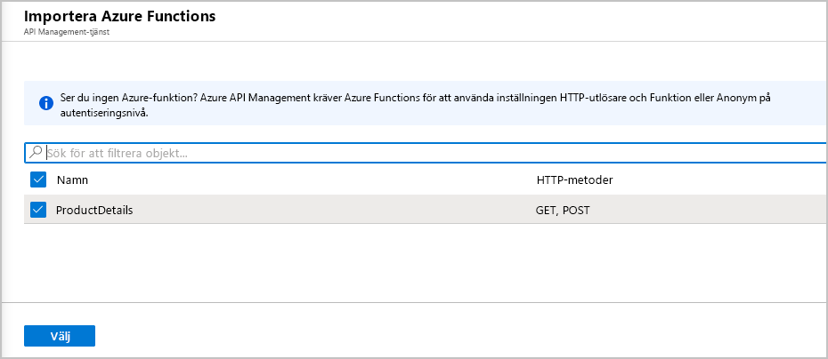 Skärmbild som visar fönstret Importera Azure Functions API Management-tjänsten.