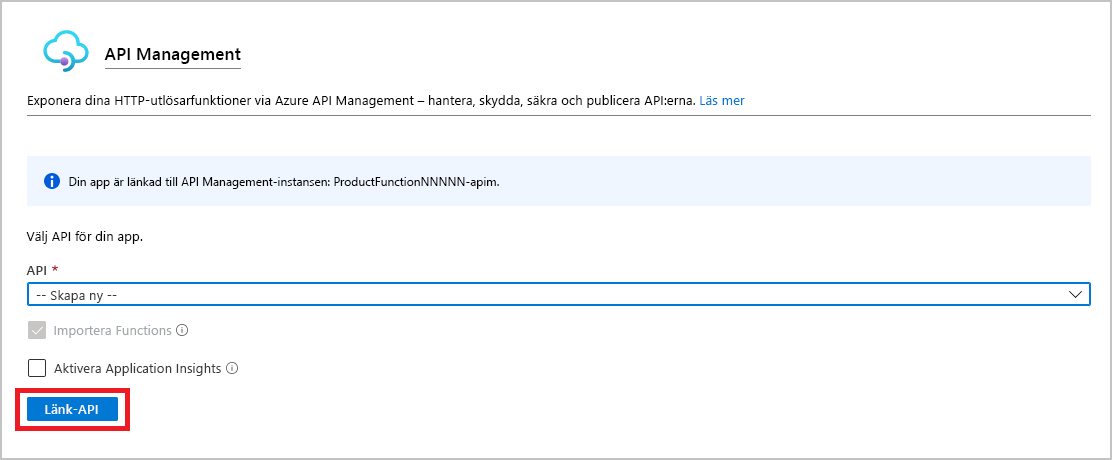Skärmbild av API Management som markerar knappen Länk-API.