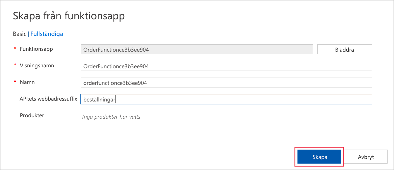 Skärmbild av dialogrutan Skapa från funktionsapp ifylld med information om orderfunktionen.