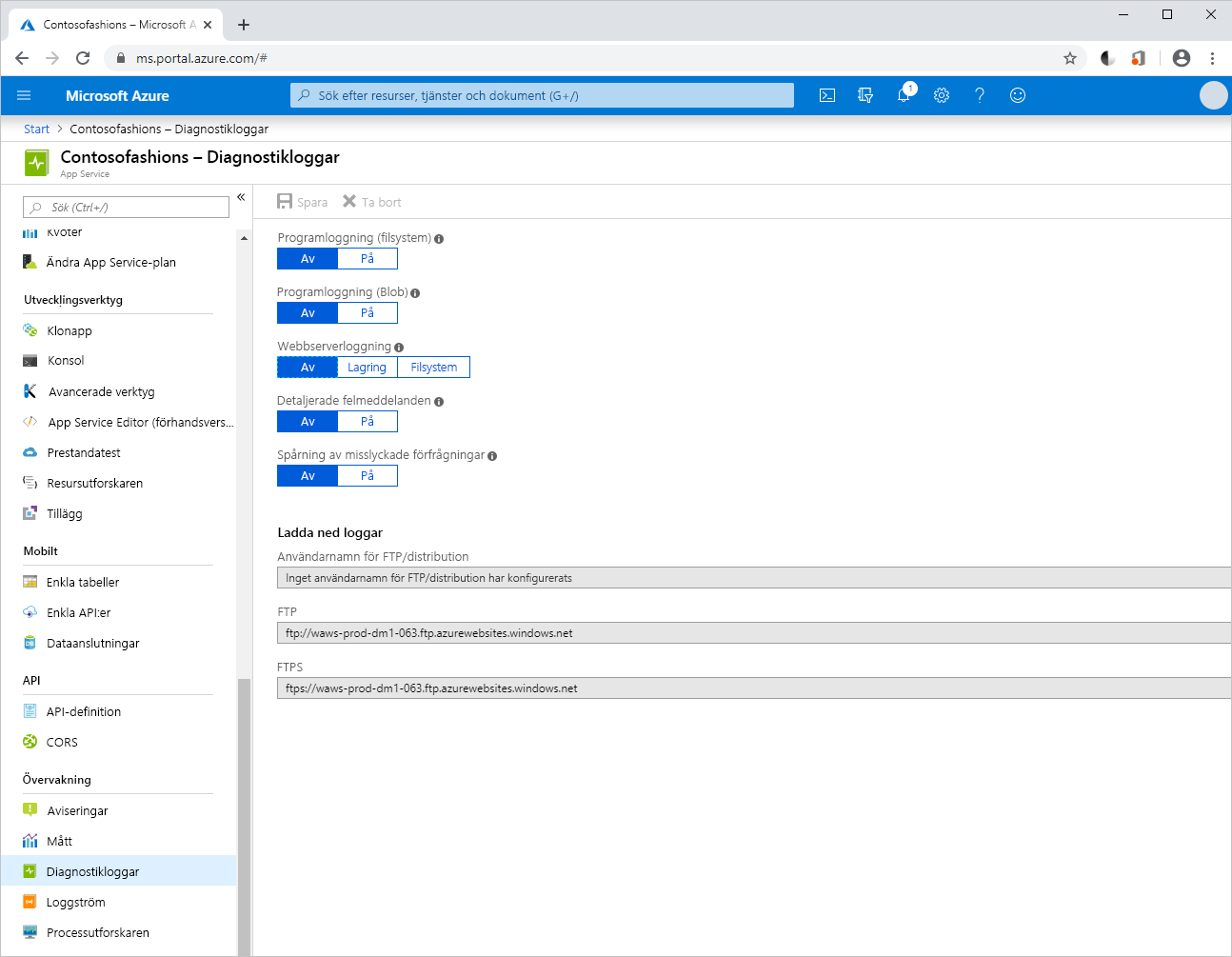 Skärmbild av fönstret Diagnostikloggar på Azure-portalen.