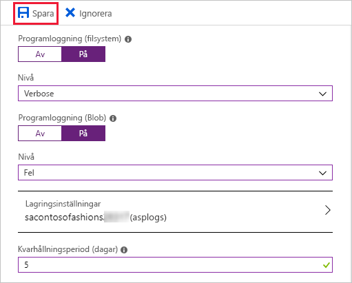 Skärmbild av hur du konfigurerar programloggar i Azure Portal med Spara markerat.