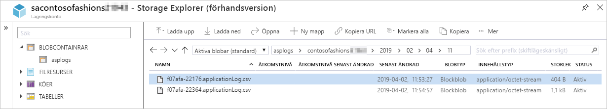 Skärmbild av storage-webbläsaren för att ladda ned Windows-apploggar från blobcontainrar.