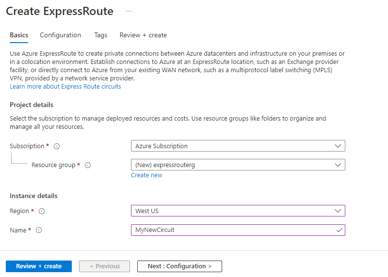 Skärmbild som visar fliken Skapa ExpressRoute Basics med hjälp av Azure-portalen.