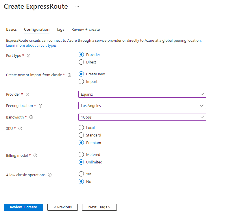 Skärmbild som visar fliken Skapa ExpressRoute-konfiguration med hjälp av Azure-portalen.