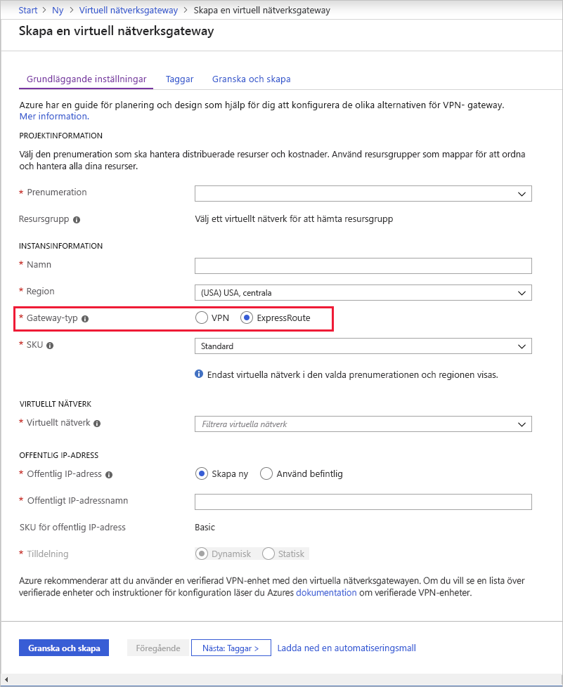 Skärmbild av hur du skapar en virtuell nätverksgateway med gatewaytypen inställd på ExpressRoute.