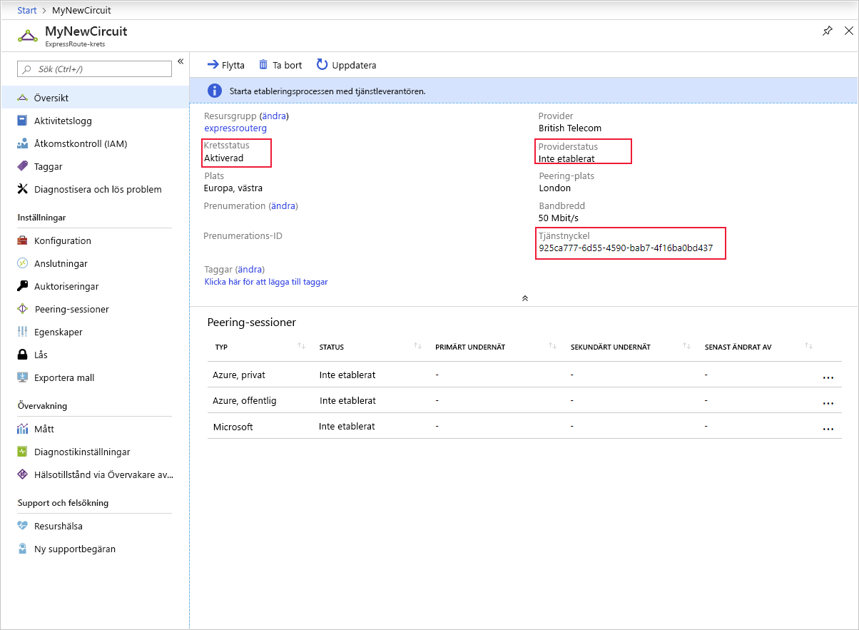 Skärmbild av etablering av en krets med hjälp av Azure-portalen.