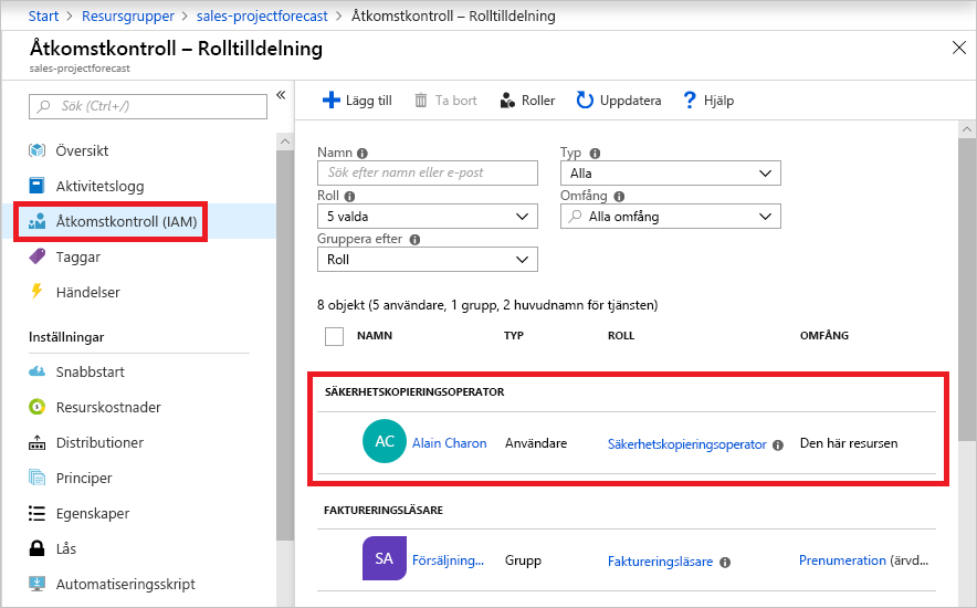 Skärmbild av fönstret för åtkomstkontroll i Azure-portalen – Rolltilldelning, som visar rollen säkerhetskopieringsoperatör och faktureringsläsare som har tilldelats olika användare.