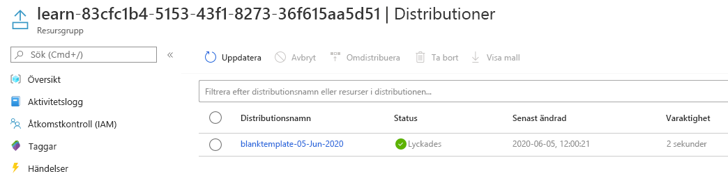 Gränssnittet på Azure-portalen för distributionerna, som visar att distributionen lyckades.