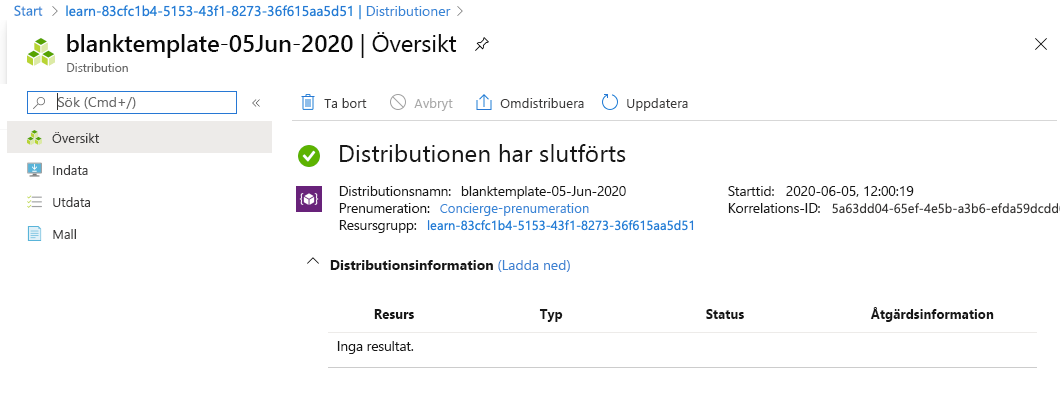 Azure-portalnes gränssnitt för den angivna distributionen utan några listade resurser.