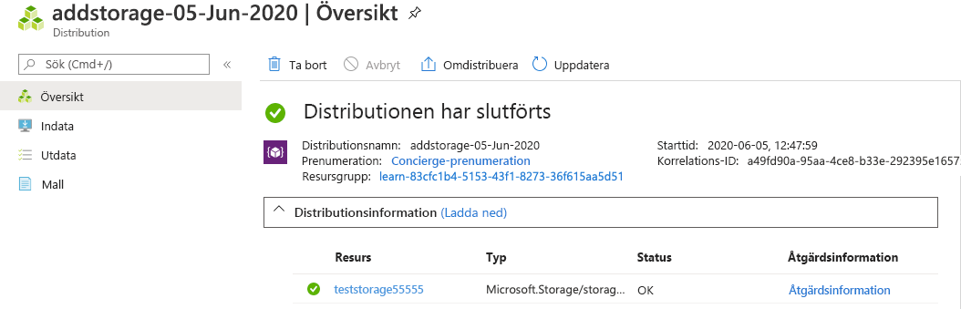 Skärmbild av Azure Portal-gränssnittet för den specifika distributionen med en resurs i listan.