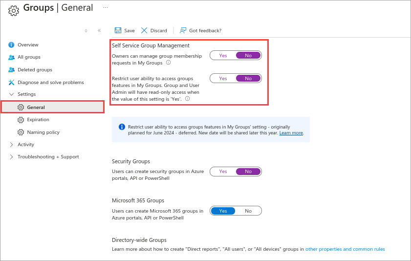 Skärmbild som visar microsoft Entra-gruppalternativ för självbetjäning inställda på Nej.