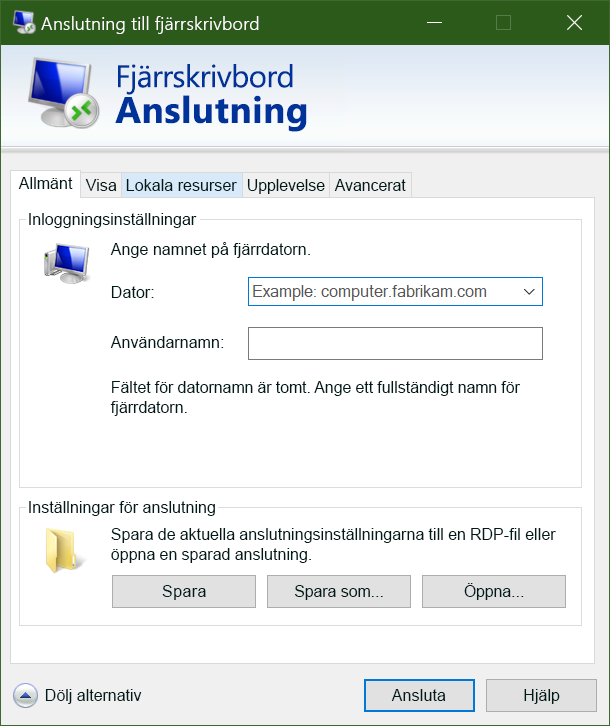 Skärmbild av användargränssnittet för Remote Desktop Protocol-klienten.