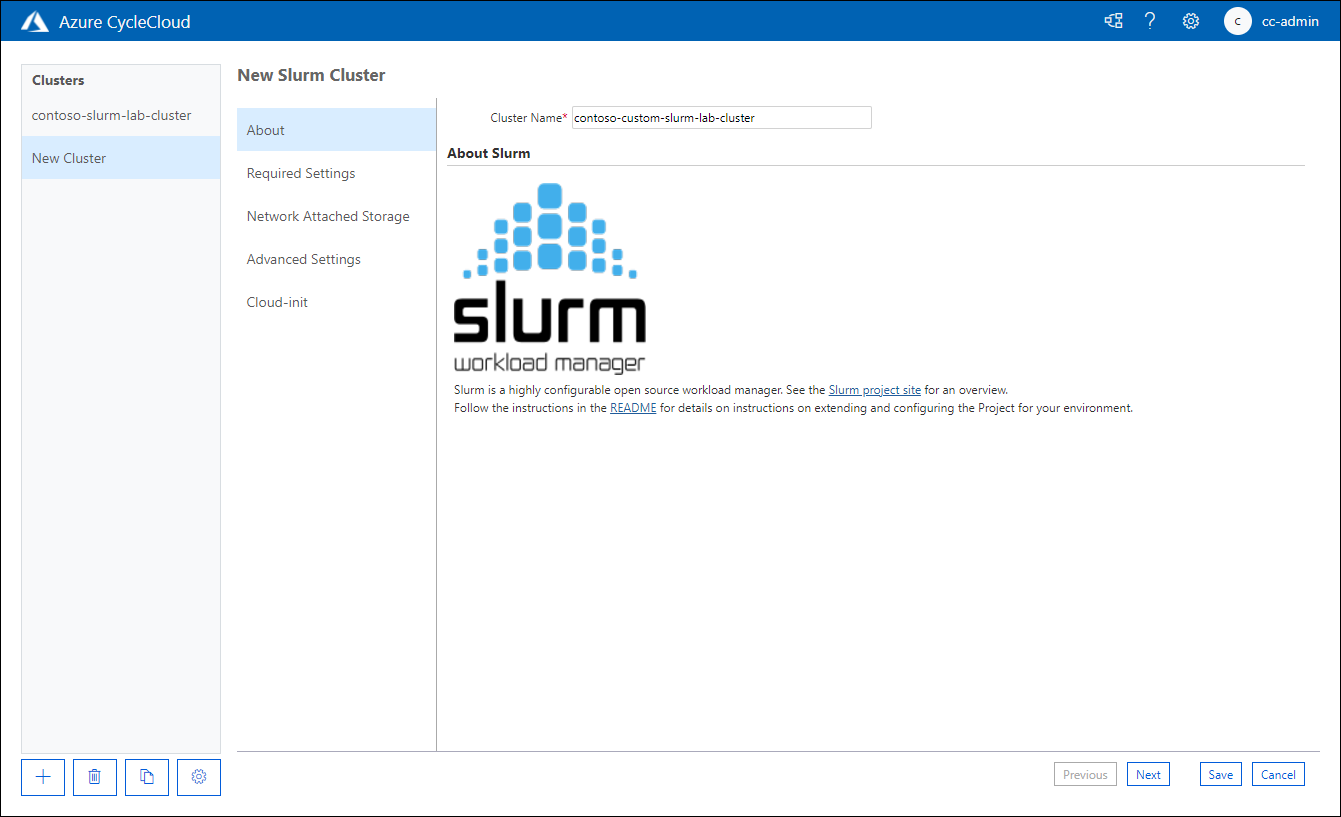 Screenshot of the About tab of the New Slurm Cluster page of the Azure CycleCloud web application.