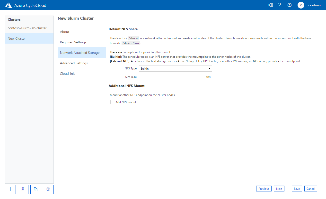 Screenshot of the Network Attached Storage tab of the New Slurm Cluster page of the Azure CycleCloud web application.