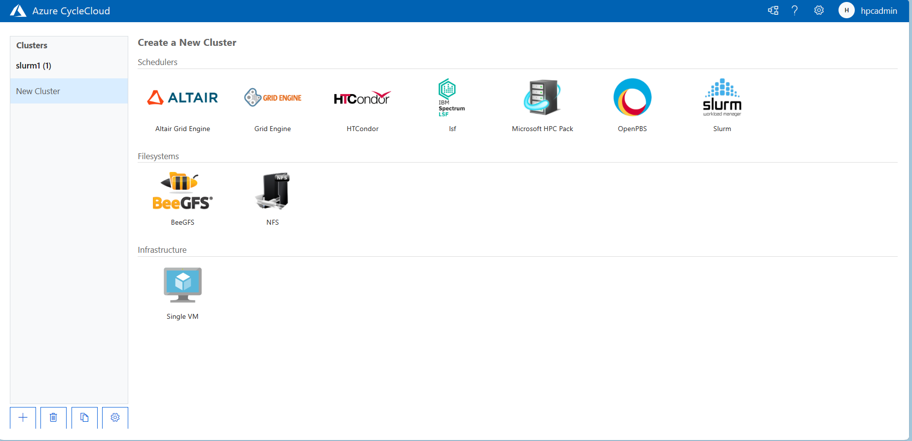 Screenshot of the Create a New Cluster page of the Azure CycleCloud web application.