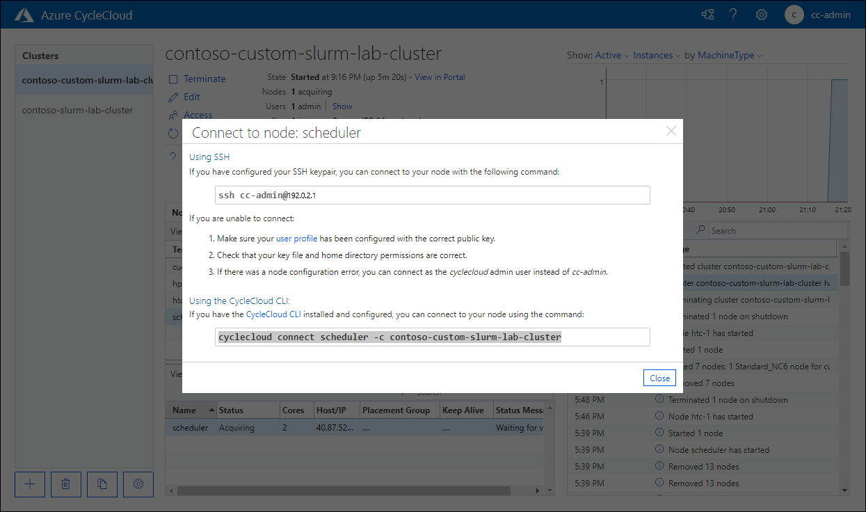 Screenshot of the Connect to node: scheduler pop-up window in the Azure CycleCloud web application.