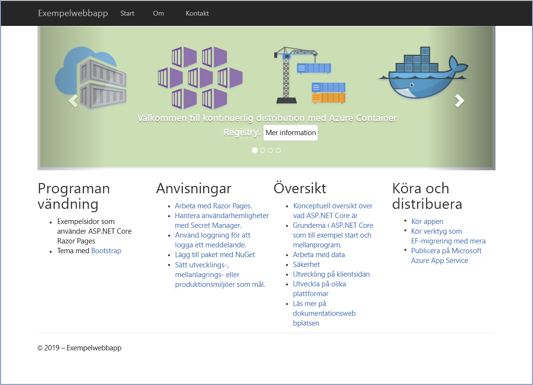 Skärmbild av exempelwebbappen.