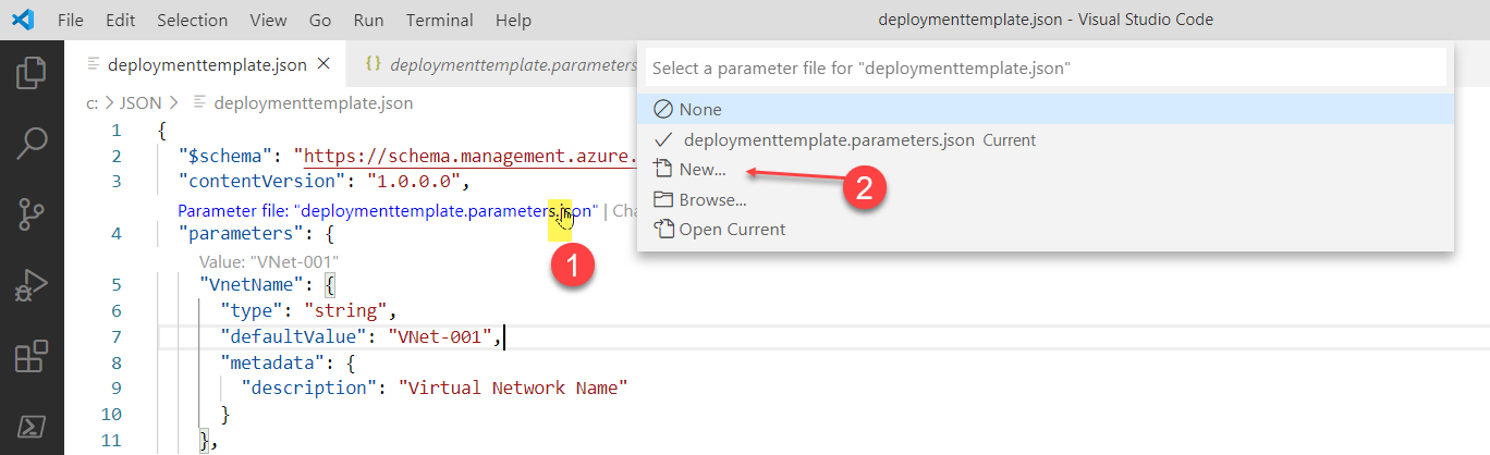 Skärmbild som visar val för att skapa en parameterfil i Visual Studio Code.