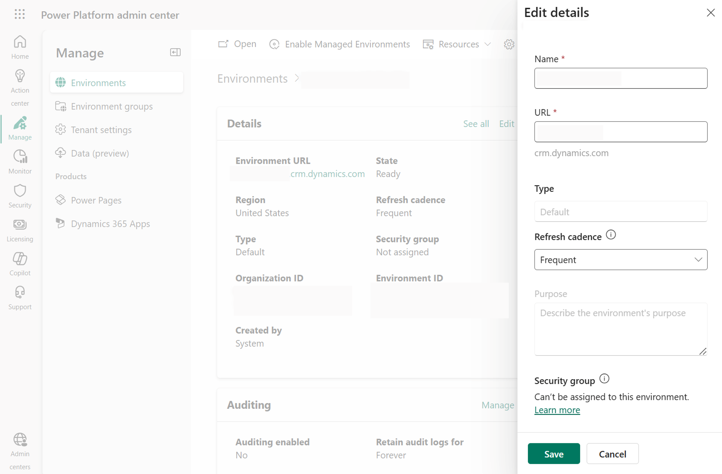Screenshot of more environment details from the admin center viewable when Edit is selected.