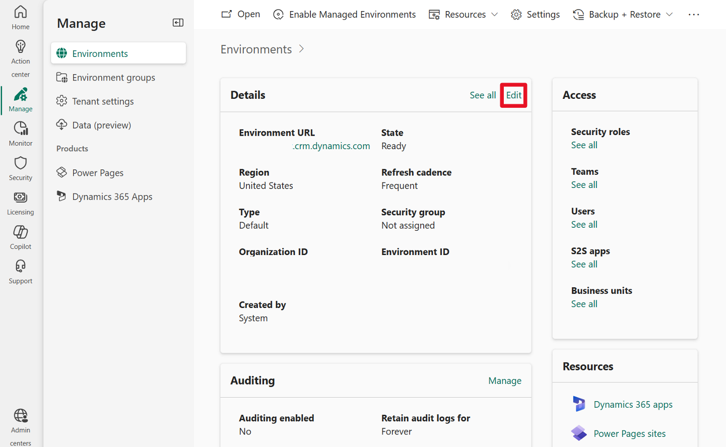 Screenshot of environment details from the admin center with focus on Edit.