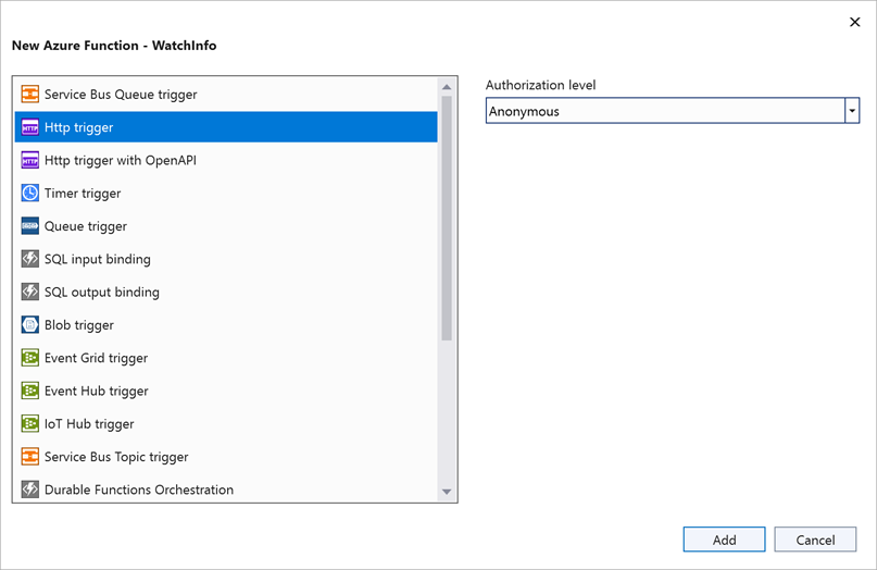 Skärmbild av fönstret Ny Azure-funktion. Http-utlösaren med anonym åtkomstbehörighet har valts.