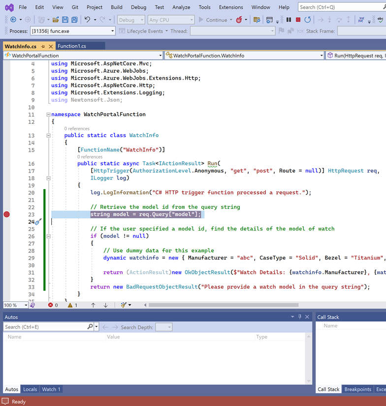 Skärmbild av Visual Studio som visar en brytpunkt för -instruktionen som läser modellen från frågesträngen.