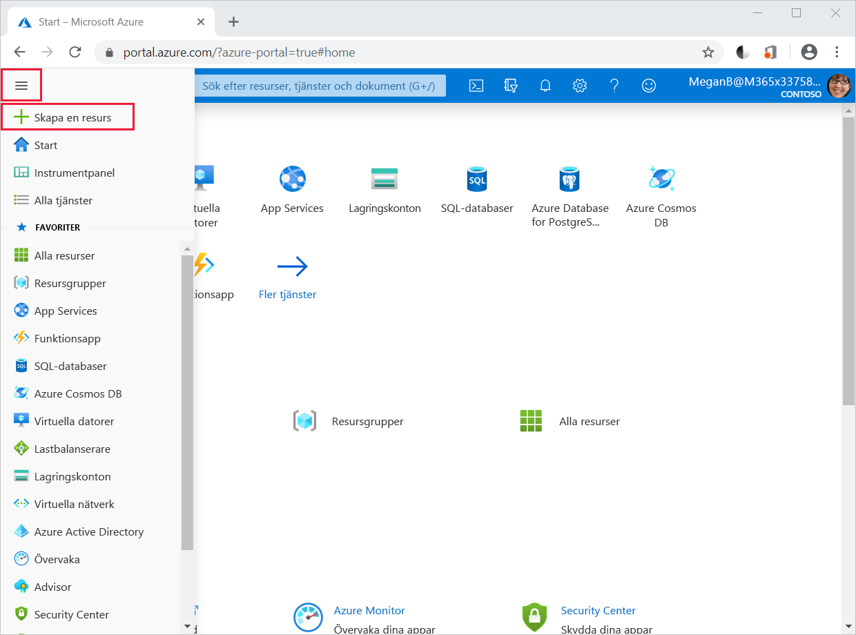 Skärmbild av menyn i Azure-portalen och alternativet Skapa en resurs.