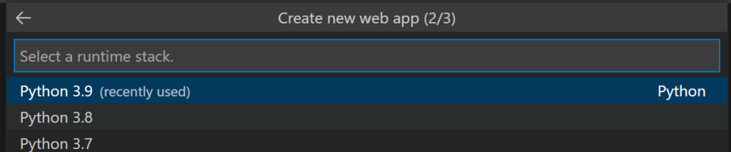 Screenshot showing the runtime stack selection.