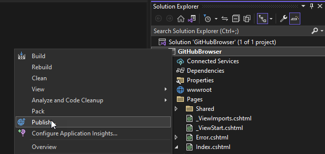 En skärmbild av publiceringsalternativet i Visual Studio.