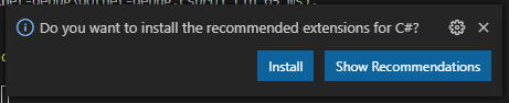 Skärmbild av meddelandet om rekommenderade tillägg i Visual Studio Code.