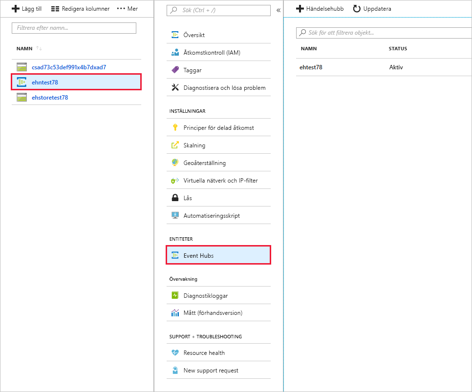 Händelsehubb som visas i Azure Portal.