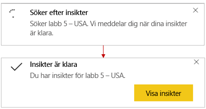 Skärmbild av meddelandena Söker efter insikter och Insikter är klara.