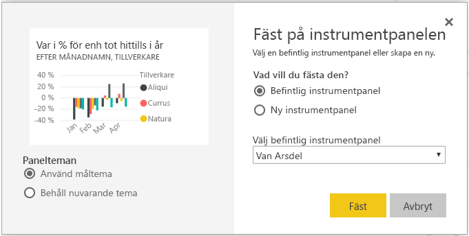 Skärmbild av dialogrutan Fäst på instrumentpanelen.