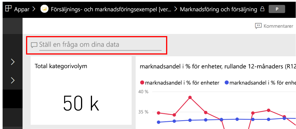 Skärmbild av fältet Frågor och svar som visar Ställ en fråga om dina data.