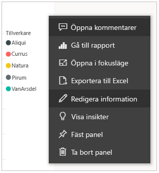 Skärmbild av alternativen för att ändra en panel.