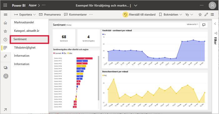 Skärmbild av sidan Sentiment i rapporten.