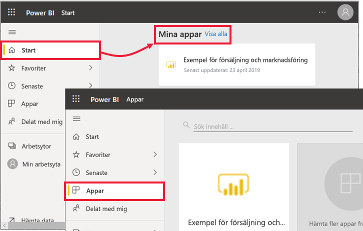 Skärmbild av ikonen Appar Power BI i navigeringsfältet.