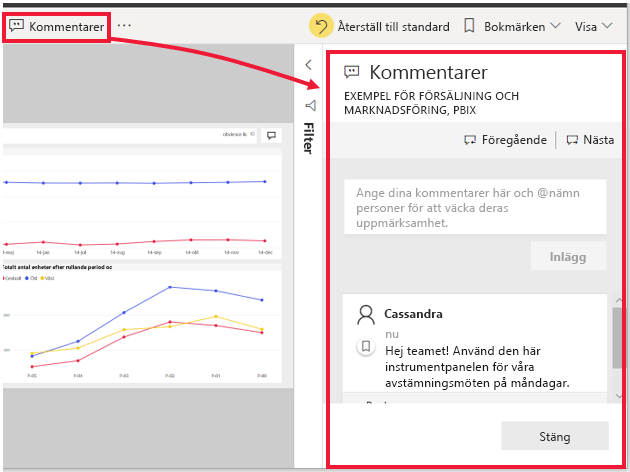 Skärmbild av ett exempel på en delad instrumentpanel med en kommentar.