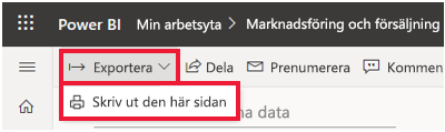 Skärmbild av Arkiv-menyn Power BI expanderad och Skriv ut den här sidan markerad.