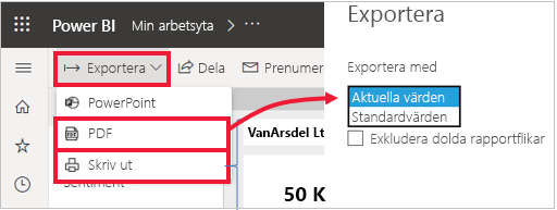 Skärmbild av Power BI menyn Exportera expanderad och PDF-alternativet markerat.