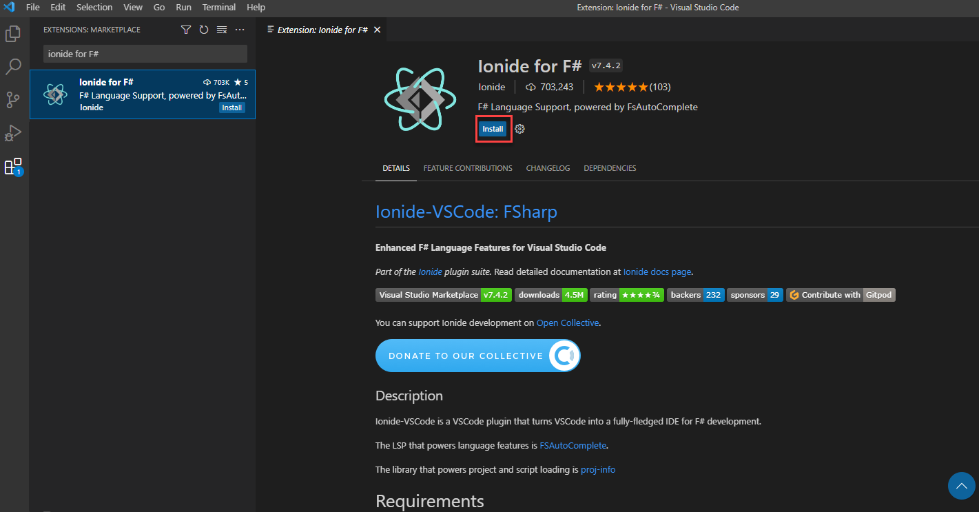 Skärmbild av visual Studio Code-tilläggsvyn som visar installationssidan för F#Ionide-tillägget med en ruta runt knappen Installera.